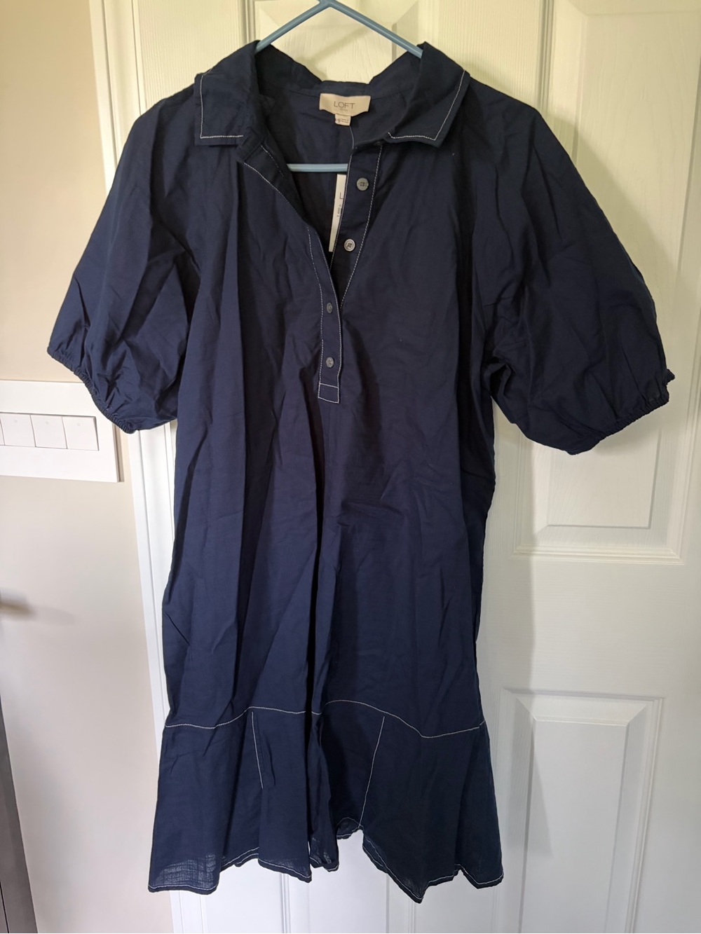 LOFT Navy Button-Front Puff-Sleeve Midi Dress